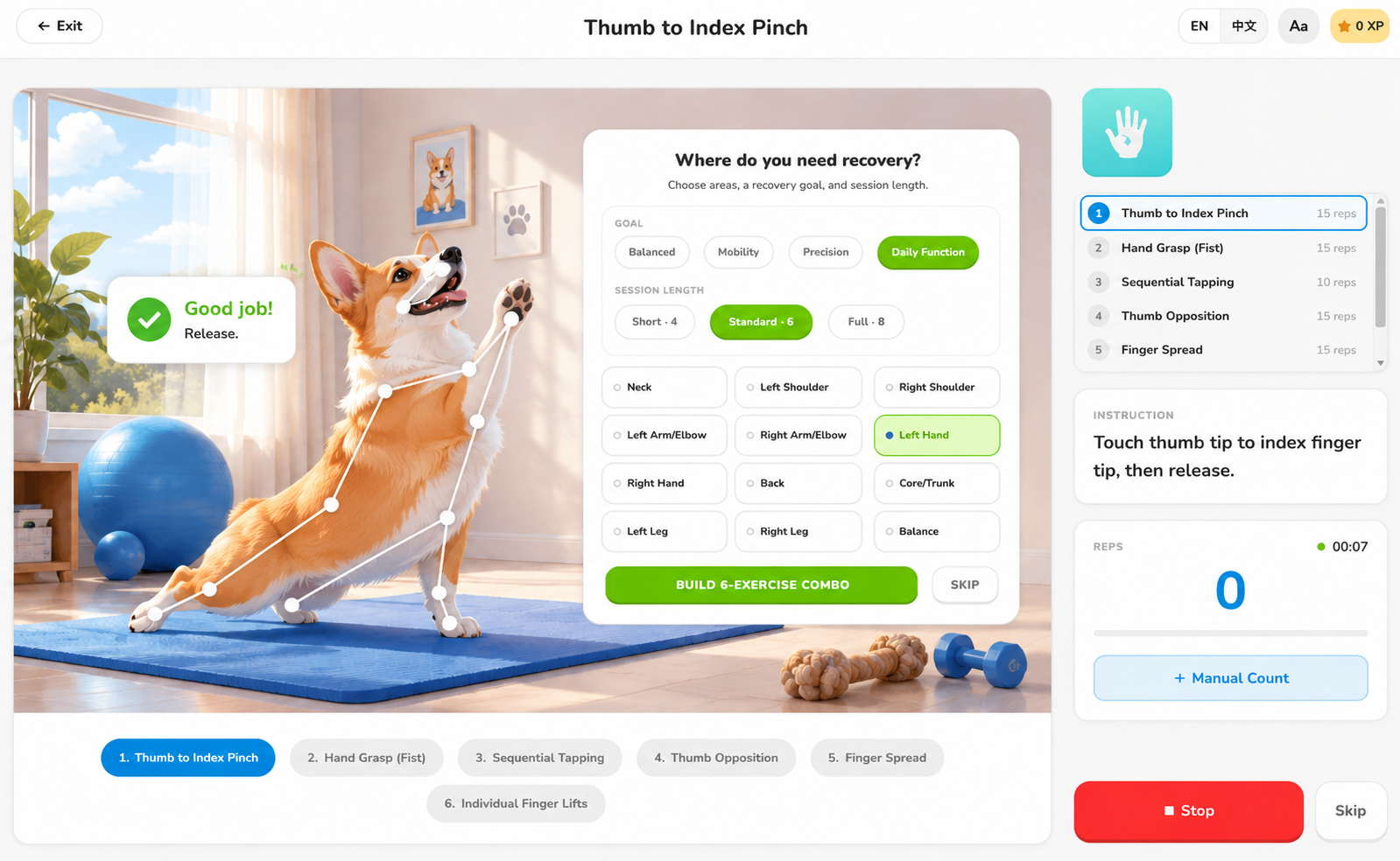 Coglix Labs app, AI-guided thumb-to-index pinch exercise with body-region picker, exercise list, and rep counter