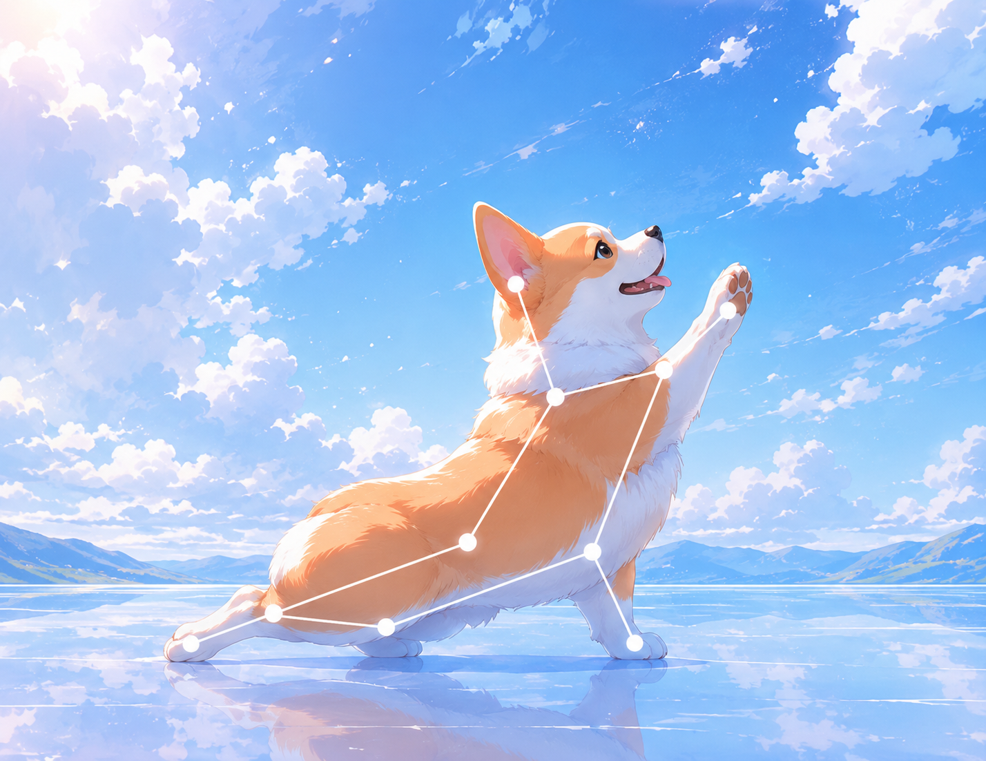 A corgi mid-stretch with white skeletal joint dots tracking its pose against a bright sky